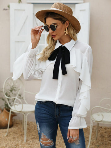 Tie Neck Ruffle Trim Blouse
