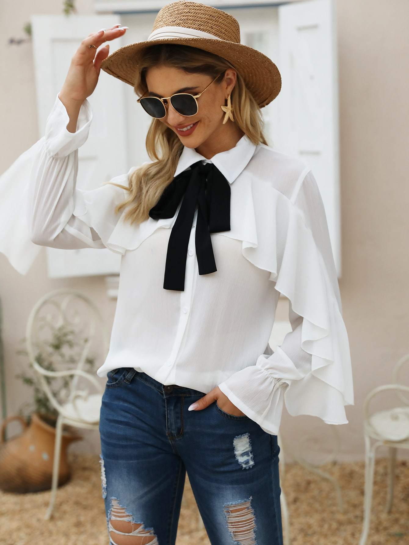 Tie Neck Ruffle Trim Blouse