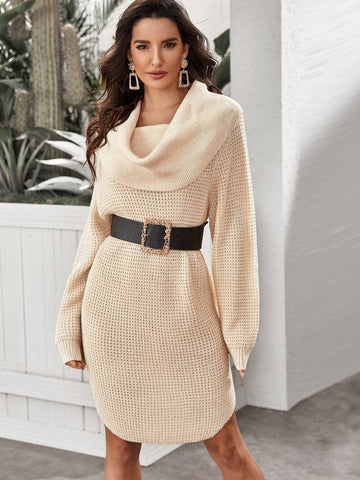 Draped Neck Honeycomb Knit Curved Hem Jumper Dress