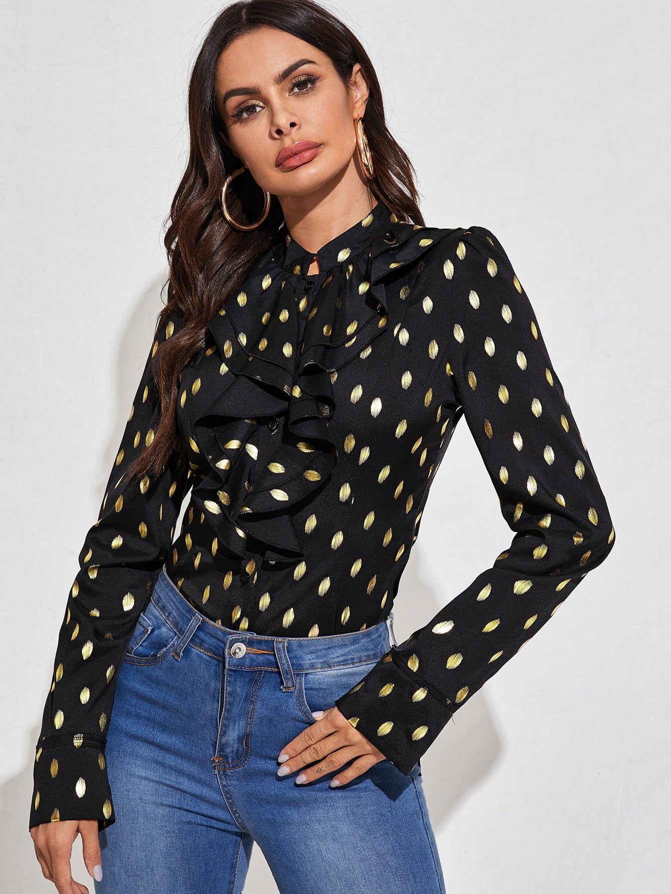Jabot Collar Gold Print Blouse