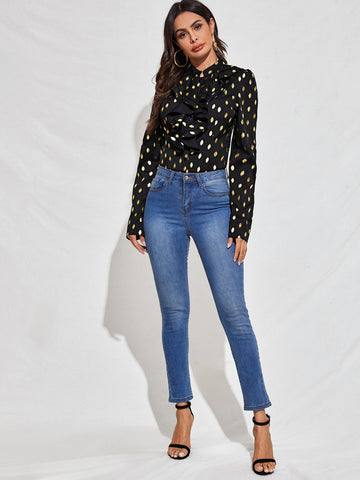 Jabot Collar Gold Print Blouse