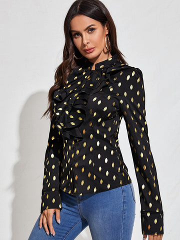 Jabot Collar Gold Print Blouse