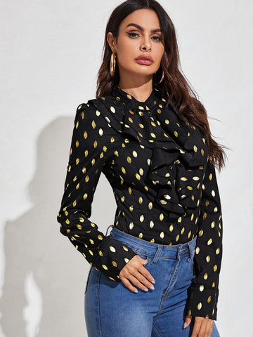 Jabot Collar Gold Print Blouse