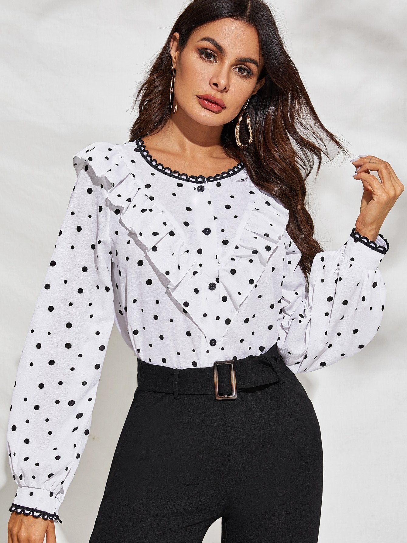Ruffle Trim Lace Detail Polka Dot Print Blouse