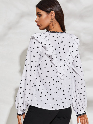 Ruffle Trim Lace Detail Polka Dot Print Blouse