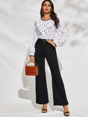 Ruffle Trim Lace Detail Polka Dot Print Blouse