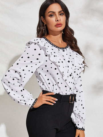 Ruffle Trim Lace Detail Polka Dot Print Blouse