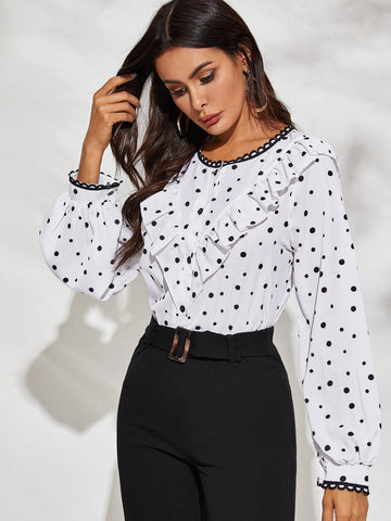 Ruffle Trim Lace Detail Polka Dot Print Blouse