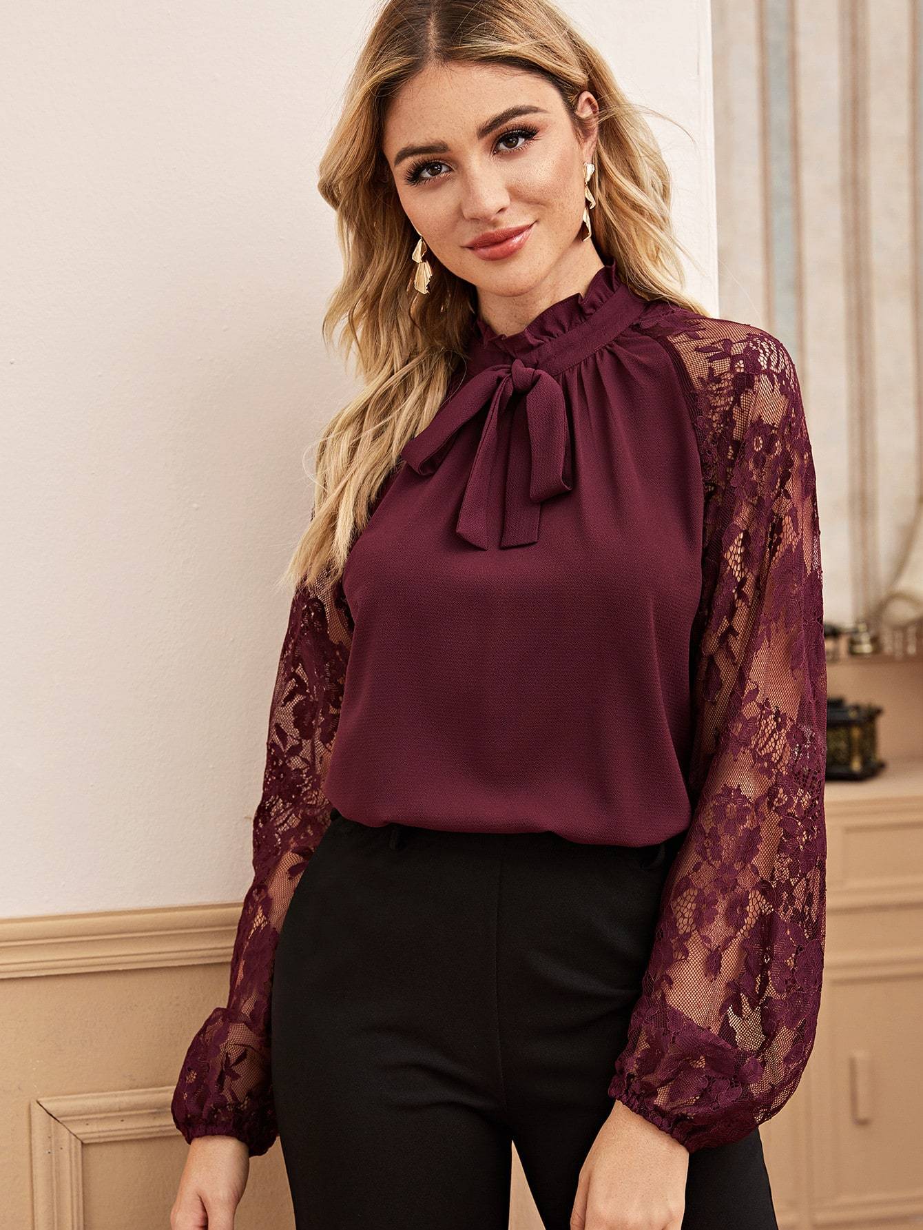 Contrast Lace Sleeve Frill Tie Neck Blouse