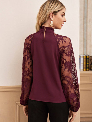 Contrast Lace Sleeve Frill Tie Neck Blouse