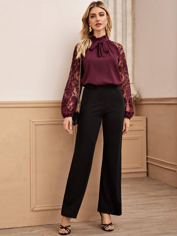 Contrast Lace Sleeve Frill Tie Neck Blouse