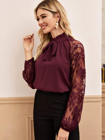 Contrast Lace Sleeve Frill Tie Neck Blouse