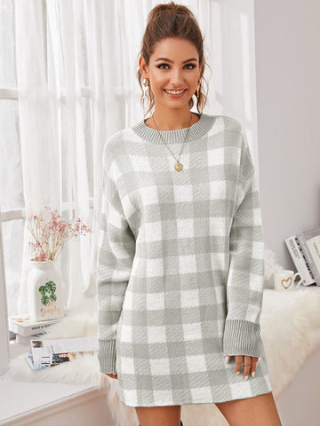 Drop Shoulder Buffalo Plaid Jumper Dress