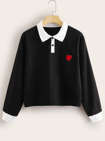 Heart Print Contrast Polo Collar Tee