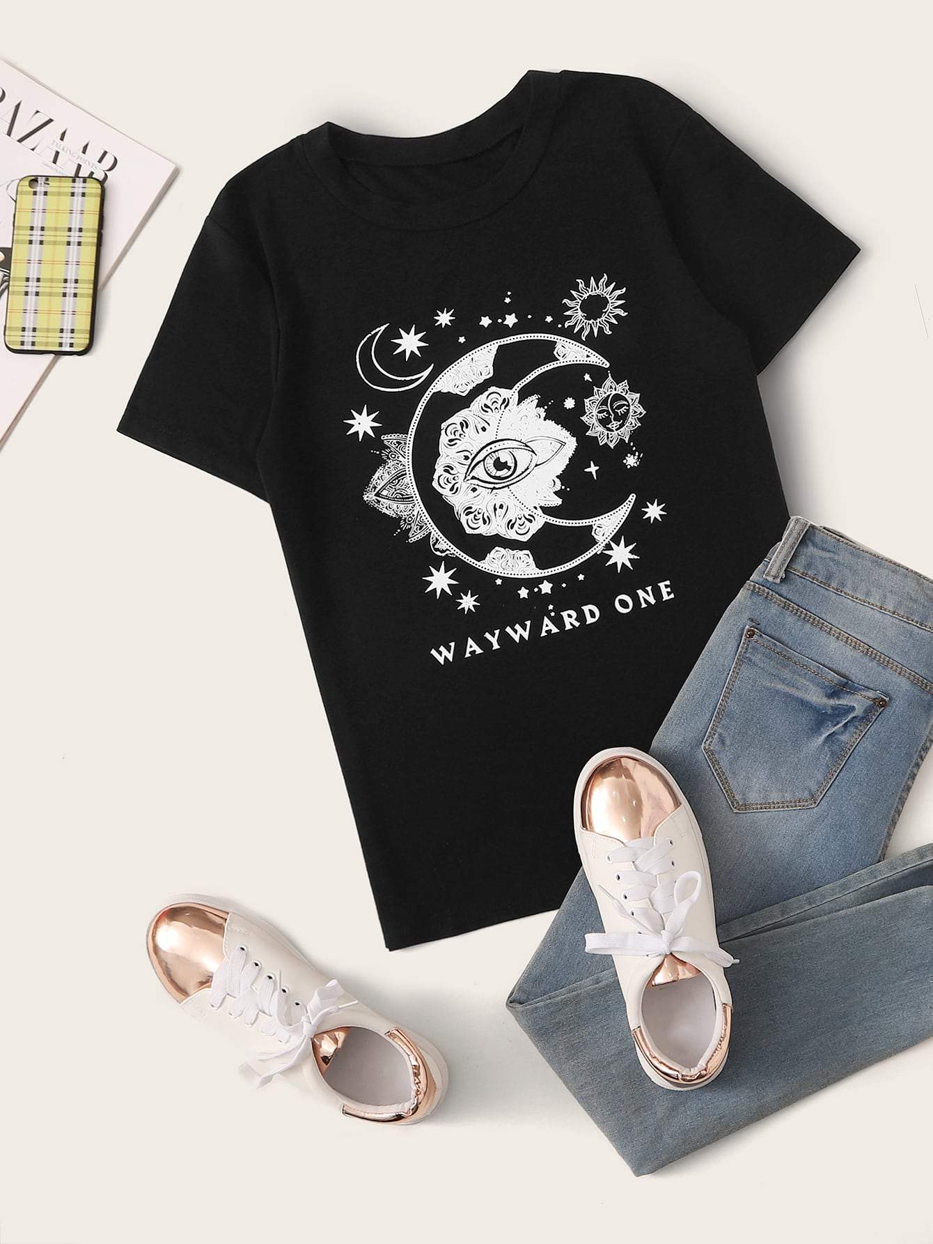 Letter & Graphic Round Neck Tee