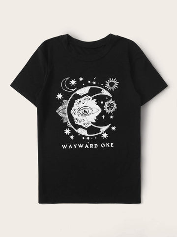 Letter & Graphic Round Neck Tee