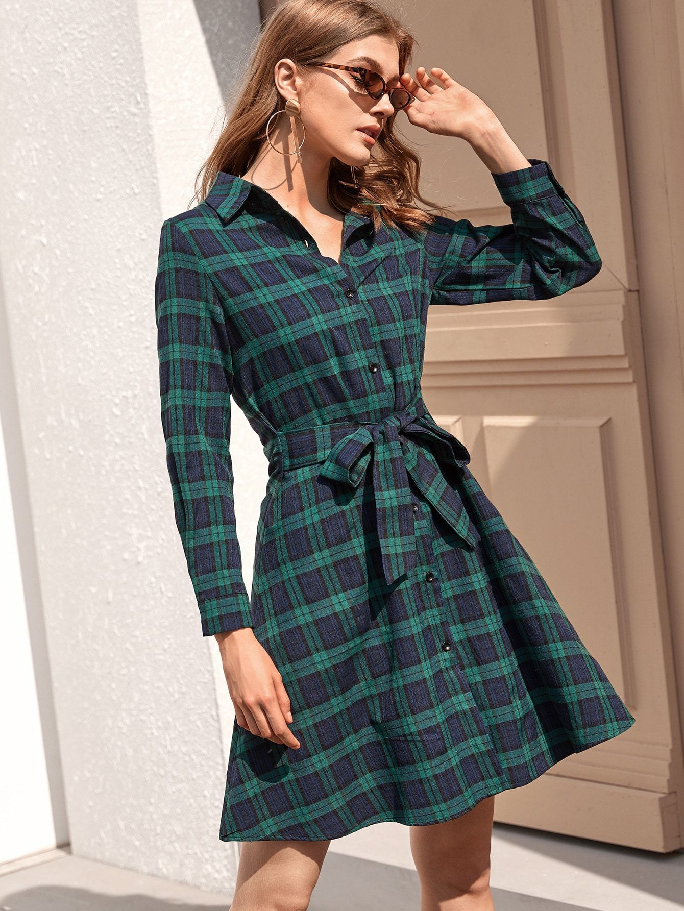 Tartan Plaid Self Tie Shirt Dress