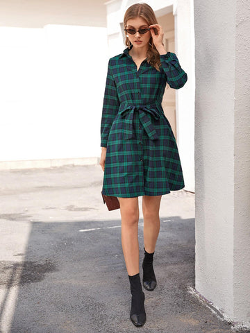 Tartan Plaid Self Tie Shirt Dress