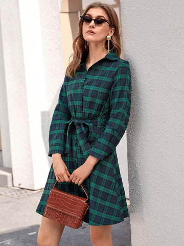 Tartan Plaid Self Tie Shirt Dress