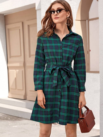 Tartan Plaid Self Tie Shirt Dress