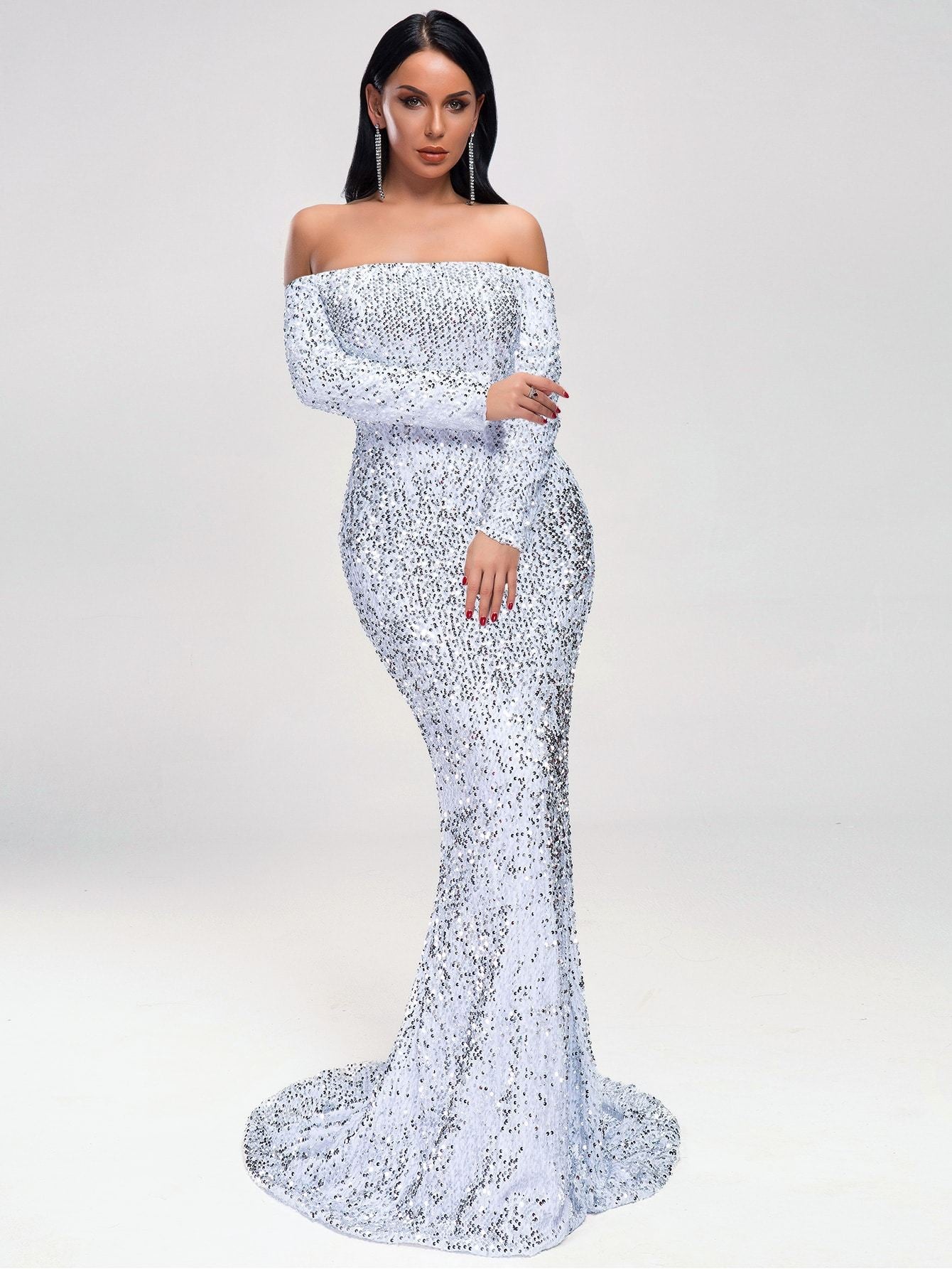 Missord Off Shoulder Iridescent Sequin Fishtail Prom Dress