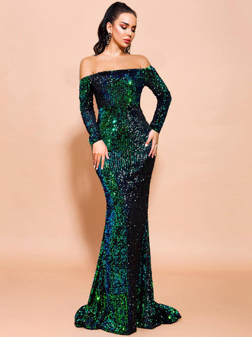 Missord Off Shoulder Iridescent Sequin Fishtail Prom Dress