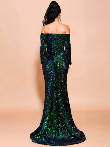 Missord Off Shoulder Iridescent Sequin Fishtail Prom Dress