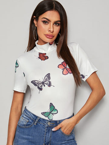 Mock Neck Butterfly Print Tee