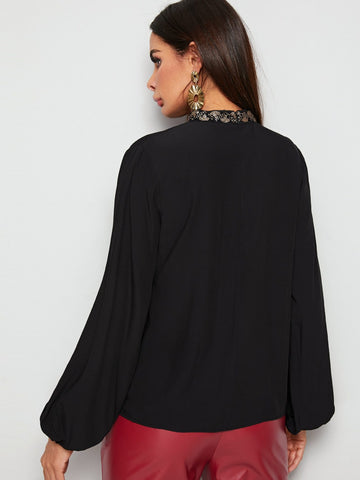 Mock Neck Blouson Sleeve Ruched Blouse