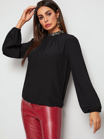 Mock Neck Blouson Sleeve Ruched Blouse