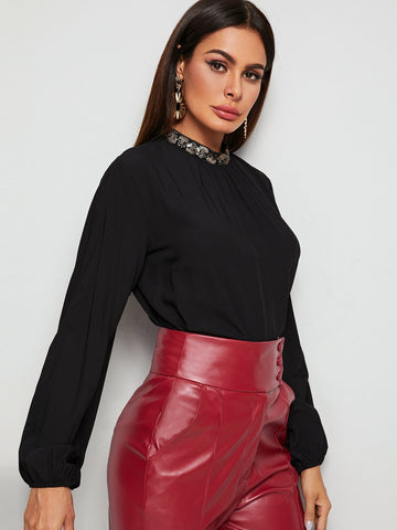Mock Neck Blouson Sleeve Ruched Blouse