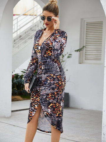 Slit Hem Ruched Leopard Pencil Dress