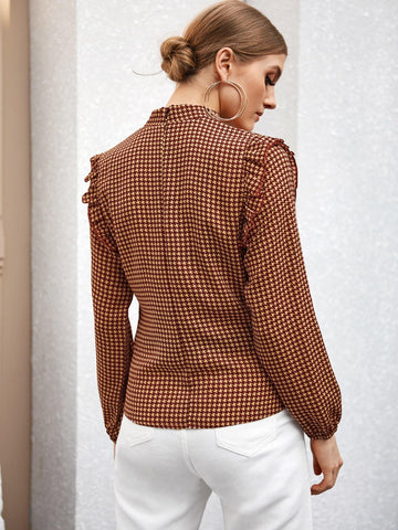 Mock Neck Houndstooth Frill Trim Blouse