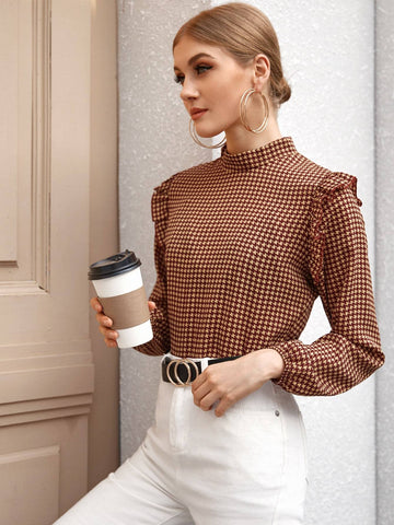 Mock Neck Houndstooth Frill Trim Blouse