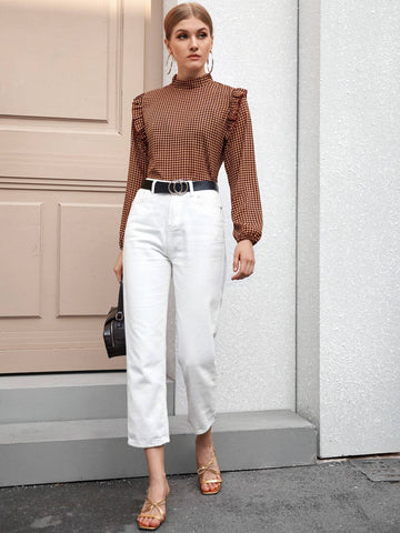 Mock Neck Houndstooth Frill Trim Blouse