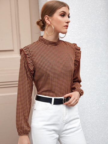Mock Neck Houndstooth Frill Trim Blouse