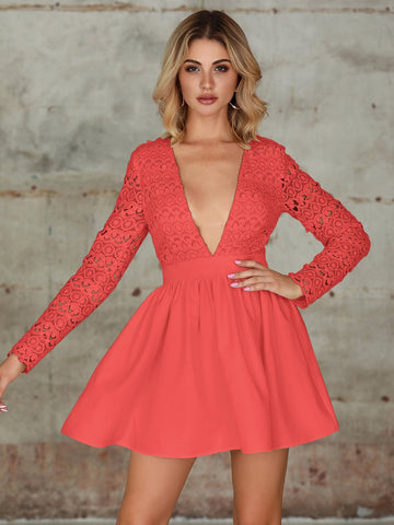 Double Crazy Plunge Guipure Lace Bodice Skater Dress