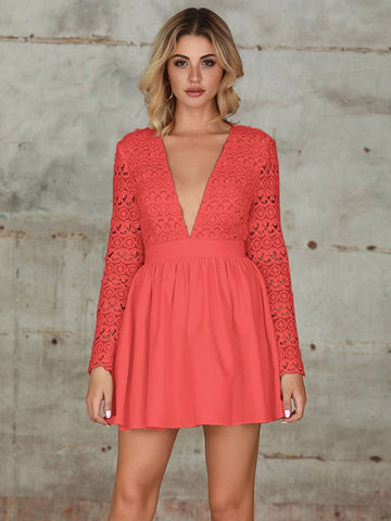 Double Crazy Plunge Guipure Lace Bodice Skater Dress