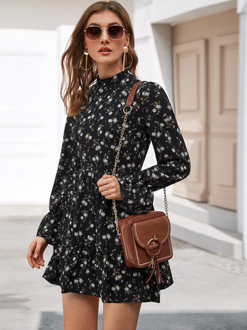 Floral Print Mock Neck Dress