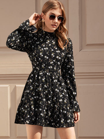 Floral Print Mock Neck Dress