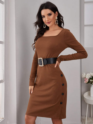 Solid Button Side Ribbed Dress Without Belt