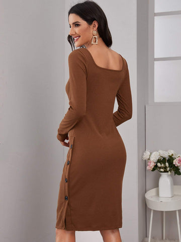 Solid Button Side Ribbed Dress Without Belt