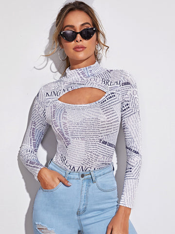 Newspaper Print Mock Neck Peekaboo Tee