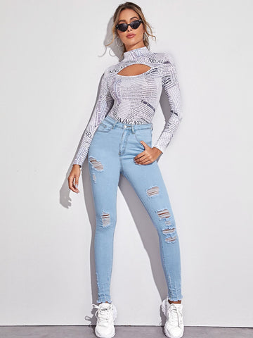 Newspaper Print Mock Neck Peekaboo Tee
