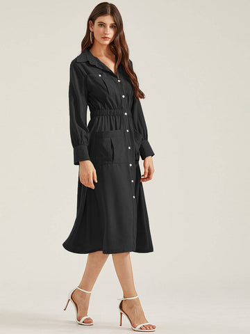 Dual Pocket Button Through Shirt Dress