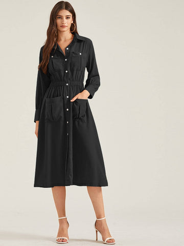 Dual Pocket Button Through Shirt Dress