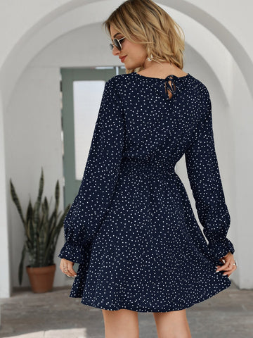 Allover Polka Dot Flounce Sleeve A-line Dress