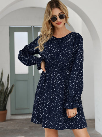 Allover Polka Dot Flounce Sleeve A-line Dress