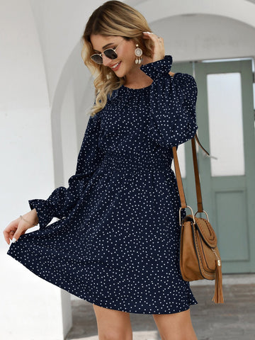 Allover Polka Dot Flounce Sleeve A-line Dress