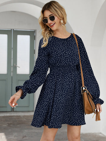 Allover Polka Dot Flounce Sleeve A-line Dress